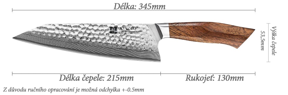 Rozměry šéfkuchařského nože XinZuo B32D 8.5"